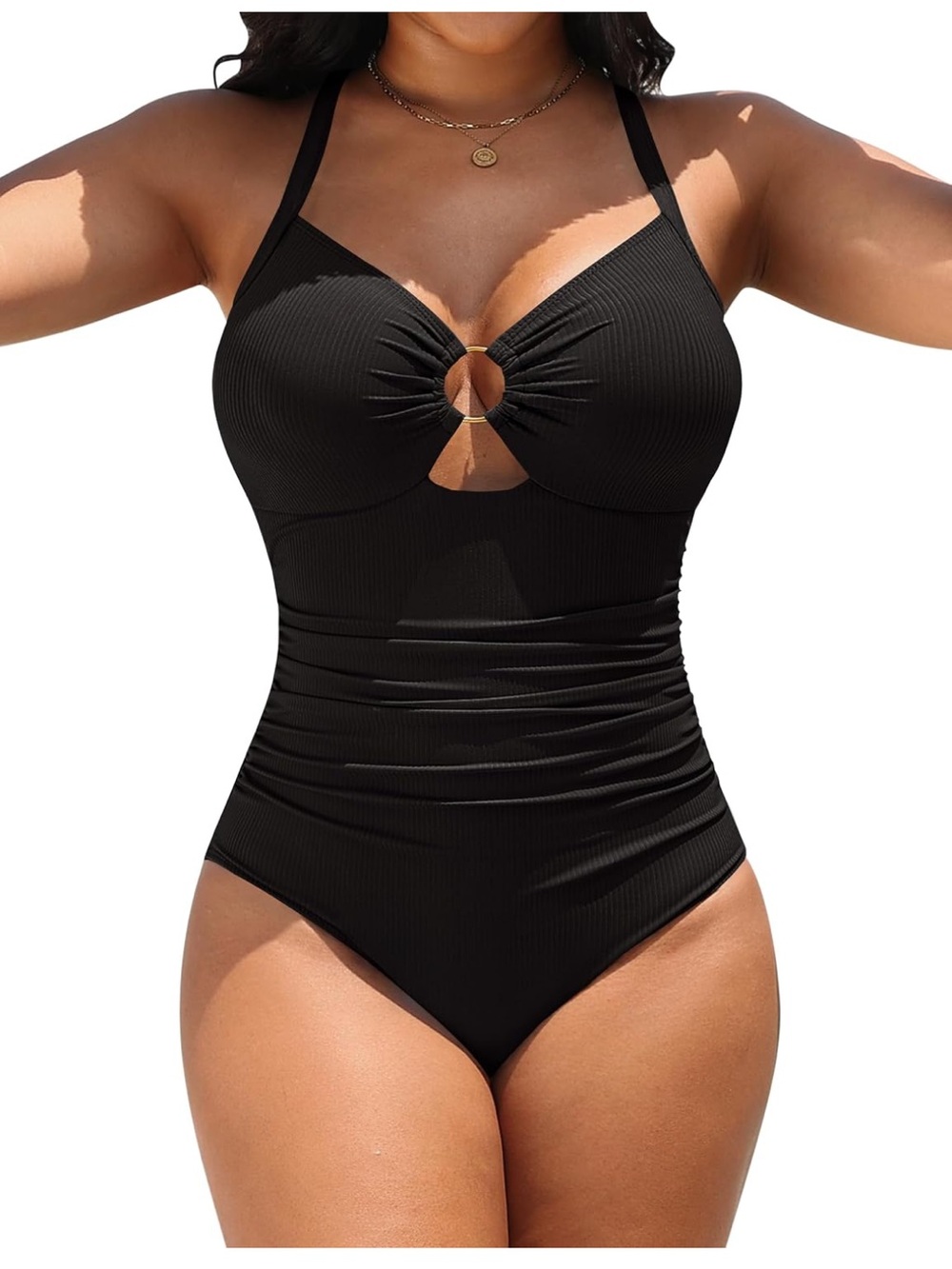Classic Black Halter One-Piece Swimsuit with Ring Front